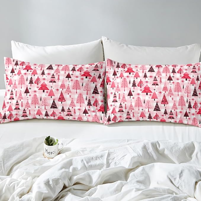 Manfei Cartoon Tree Duvet Cover Set Full Size, Christmas Theme Bedding Set 3pcs for Kids Girls Adults, New Year Pink Plaid Comforter Cover Soft Polyester Quilt Cover with 2 Pillowcases,No Comforter