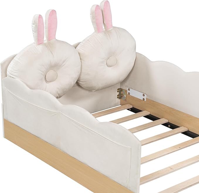 Twin Size Upholstered Platform Bed with Safety Guardrail and Cute Rabbit Ear Shaped Pillows, Velvet Fabric Montessori Kids Floor Bed with Pocket and Sturdy Slats Support (Beige-9.25)