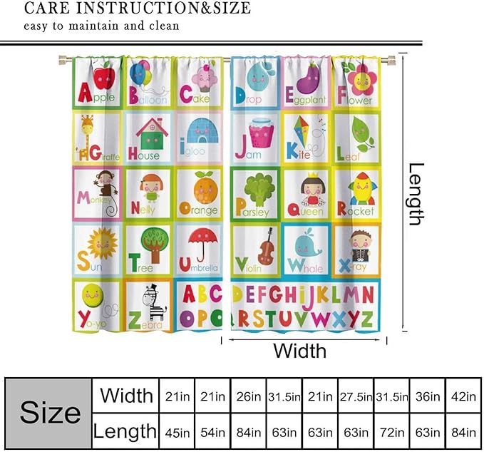 Kids Alphabet Curtains Cute Cartoon Education Learning Funny Teaching Words Curtain with Rod Pocket for Bedroom Nursery Home Decor Drapes Window Treatments 2 Panels Set 63" W X 63" L