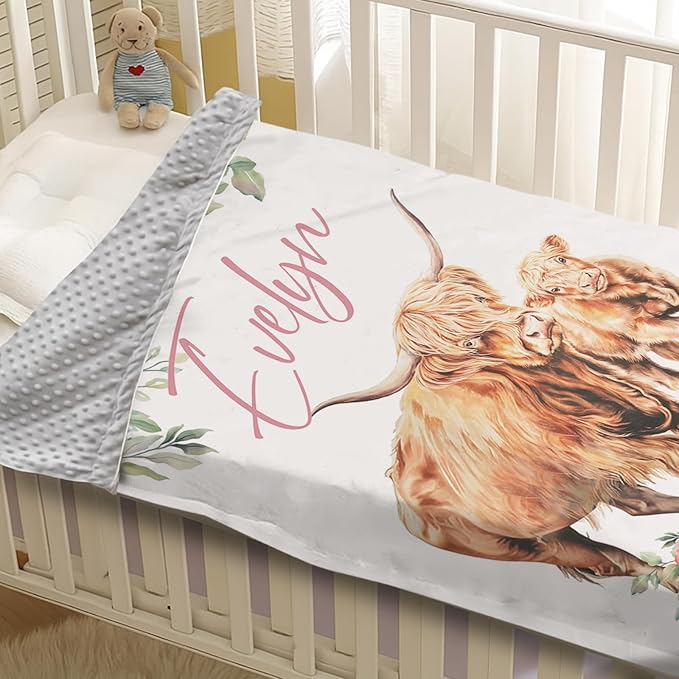 Personalized Baby Blanket for Boys, Custom Name Blanket for Girl Newborn Mom, Soft Flannel with Double Layer Dotted Backing, Gifts for Baby Shower Christmas Birthday, Highland Cow(30”x40)