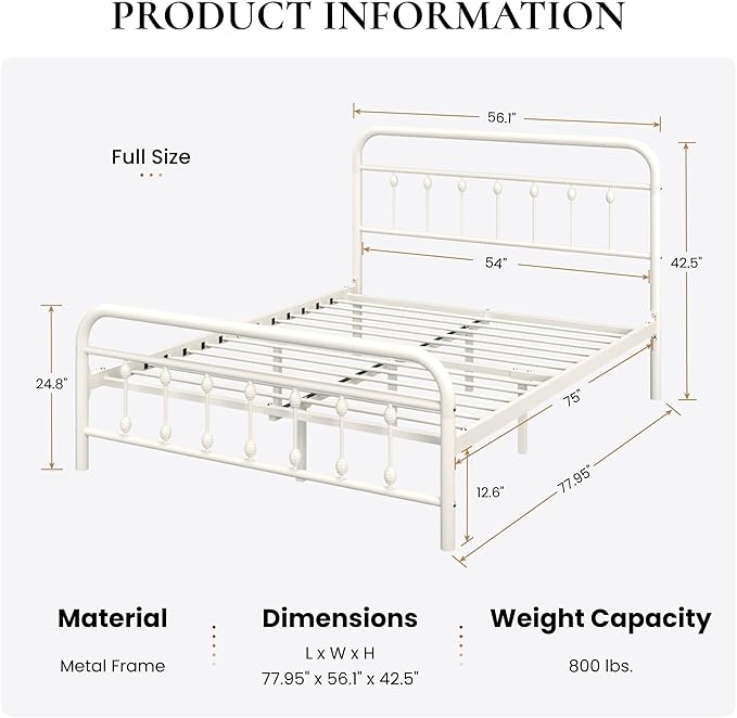 SHA CERLIN Full Size Metal Platform Bed Frame with Victorian Style Iron-Art Headboard and Footboard, Easy Assembly, Under Bed Storage, No Box Spring Required, White