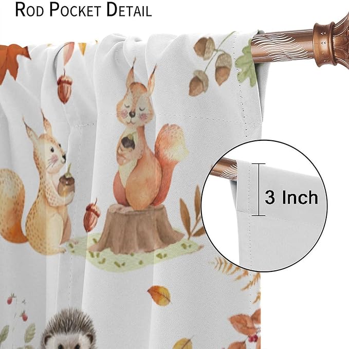 Fall Animails Curtains for Kids, Rustic Cute Woodland Wild Animal Window Treatments Watercolor Autumn Leaves Cartoon Fox Deer Window Drapes for Nursery Toddler Bedroom 52x84in
