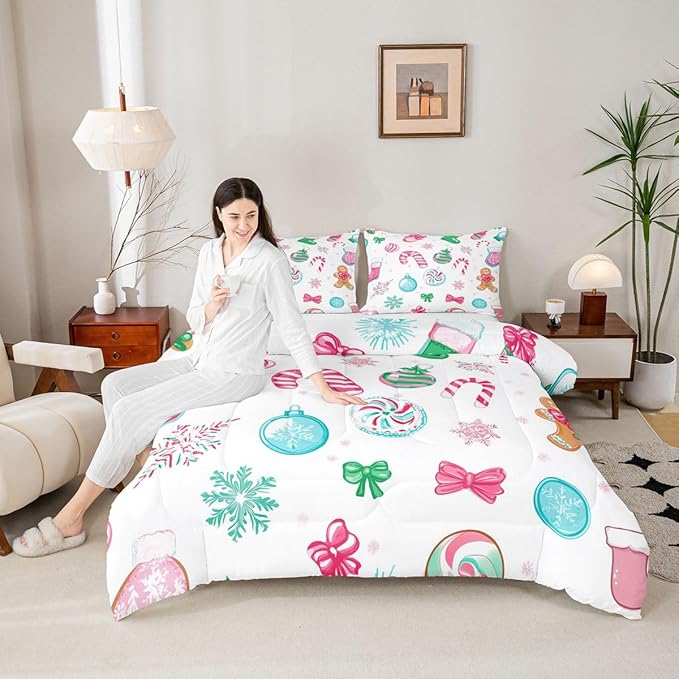 Feelyou Candy Cane Comforter Set Toddler Size Christmas Ornament Bedding Set for Kids Boys Girls Snowflake Duvet Quilt Festive Bow Bedroom Decor Christmas Stocking 2 Pcs with 1 Pillow Cases