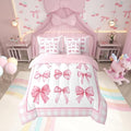 7 Pieces Pink Bowknot Kids Comforter Full,Geometric Plaids Grids Patchwork Fashion Bedding Set,Bow Tie Knot Princess Romantic Chic（Comforter+Fitted+Flat Sheet+2 Pillowcases+2 Throw Pillow Covers）