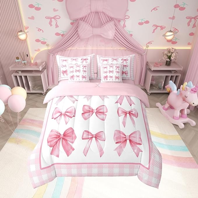 7 Pieces Pink Bowknot Kids Comforter King,Geometric Plaids Grids Patchwork Fashion Bedding Set,Bow Tie Knot Princess Romantic Chic（Comforter+Fitted+Flat Sheet+2 Pillowcases+2 Throw Pillow Covers）