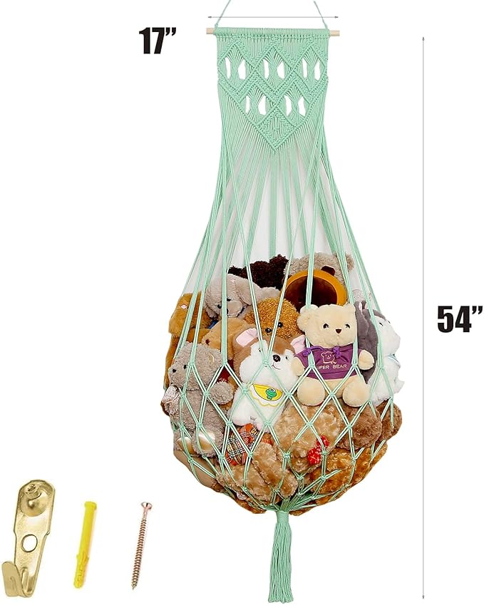 Stuffed Animal Hammock Wall Hanging Net for Stuffed Animal Net Stuffed Animal Storage Plush Toy Holder Toy Organizer for Boho Kidroom Nursery (Green)