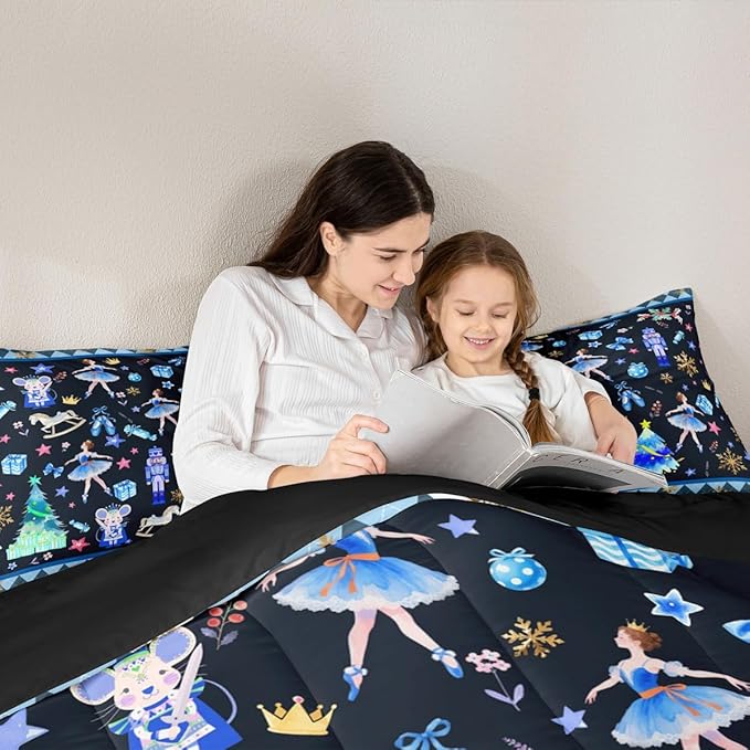 Feelyou Merry Christmas Kids Comforter Set Queen Size Ballet Nutcracker Bedding Set Snowflake Duvet Quilt for Kids Boys Girls Bedroom Decor Microfiber Ultra Soft Breathable