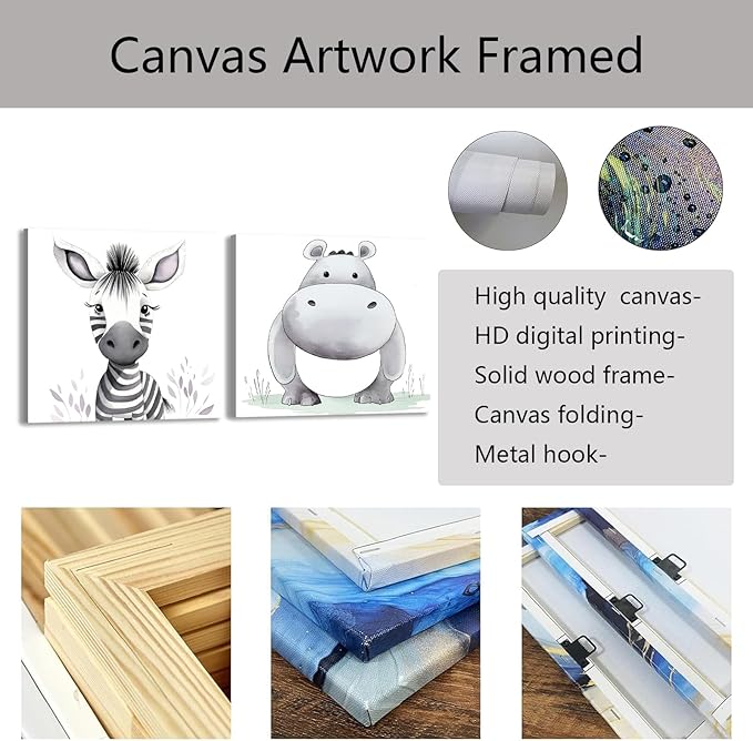 Baby Animal Framed Canvas Wall Art Set of 2 - Cute Baby Zebra Hippo Paintings Pictures Nursery Decor Wild Animals Posters Prints for Living Room Kids Room Decor(Artwork-01, 16"x16"x2P)
