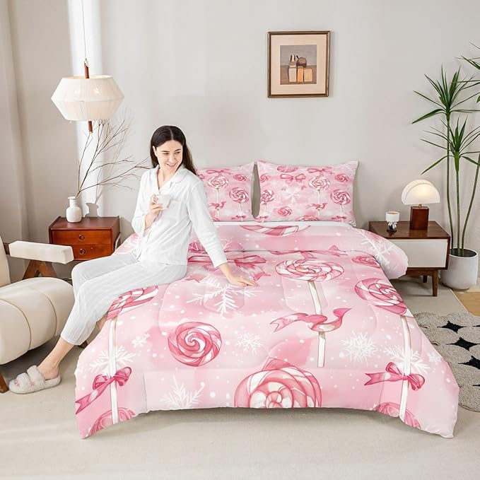 Feelyou Pink Bow Comforter Set Queen Size Pink Lollipops Bedding Set for Kids Boys Girls Watercolor-Style Duvet Quilt Xmas Snowflake Bedroom Decor Christmas Microfiber 3 Pcs with 2 Pillow Cases