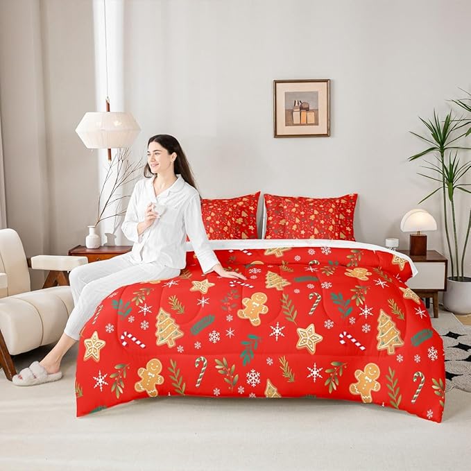 Feelyou Christmas Tree Comforter Set King Size 7 Pieces Cute Gingerbread Man Bedding Set for Kids Boys Girls Red Botanical Bed in a Bag Reversible Xmas Decor Bedroom Quilted Breathable Soft