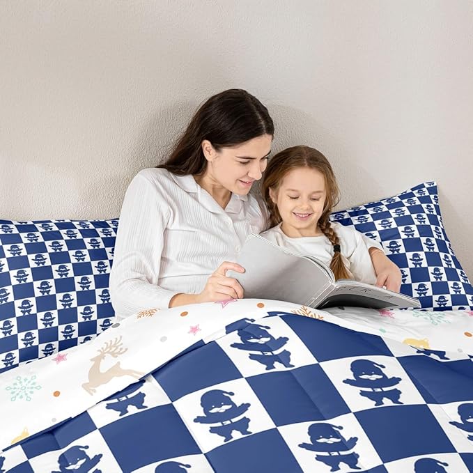 Feelyou Christmas Comforter Set Queen Size Checkered Bedding Set for Kids Boys Girls Santa Claus Duvet Quilt Xmas Decorations Bedroom Decor Blue Microfiber 3 Pcs with 2 Pillow Cases