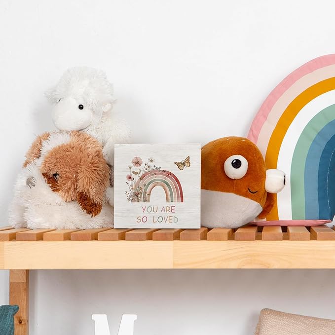 Boho Rainbow Sign for Kids Room, Nursery, Girls Room - You Are so Loved Inspirational Shelf Desk Decor 5x5 Inch