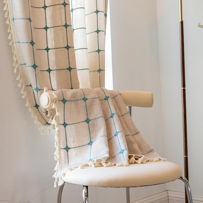 Deeprove Boho Curtains 96 Inches Long for Bedroom Living Room Nursery, Cotton Linen Plaids Beige Turquoise Teal Embroidery Bohemian Farmhouse Window Treatment Grids Drape Tassels, 1 Panel W52 x L96
