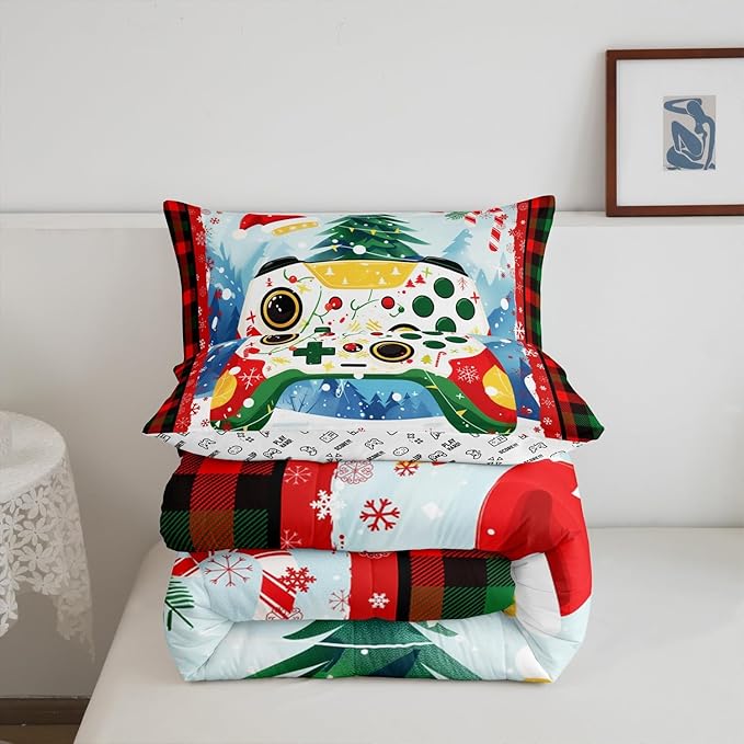 Gamer Gaming Bedding Set Full Size,Christmas Tree Snowflake Comforter Set for Kids Boys Girls Room Decor,Video Games Christmas Theme Duvet Insert 3Pcs,Red Green Plaid Xmas Quilt Set,2 Pillowcases