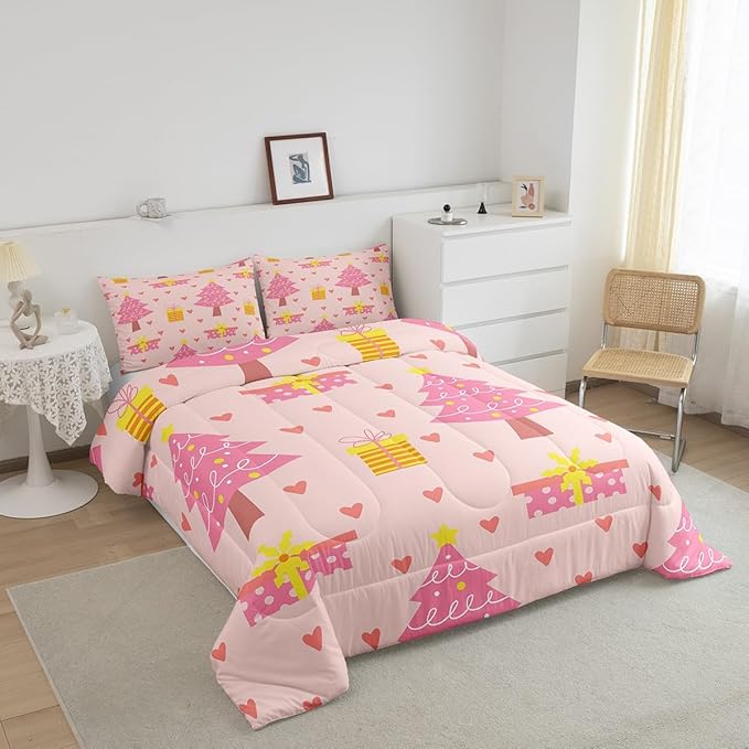 Erosebridal Merry Xmas Quilts King Size Pink Christmas Tree Comforter Set Reversible Cartoon Style Bedding Set Happy New Year Duvet Insert for Boys Kids Bedroom Decor with 2 Pillow Cases