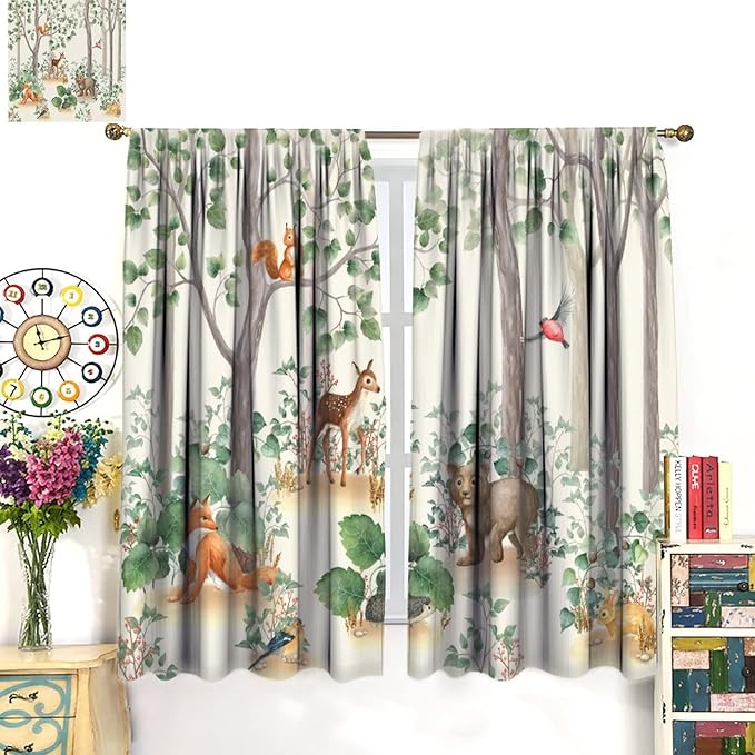 Forest Animal Curtains,Fox Elk Bird Animal Watercolor Woodland Print Curtains Kids Nursery Bedroom Living Room Home Decoration 63x72in