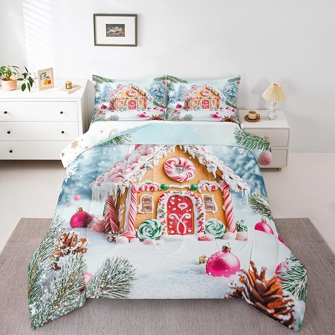 Feelyou Christmas Snowscape House Landscape Bedding Set Soft for Boys Girls,Gingerbread House Comforter Set Queen Size Candy Canes Duvet Quilt Pine Branches Bedroom Decor 3 Pcs with 2 Pillow Cases