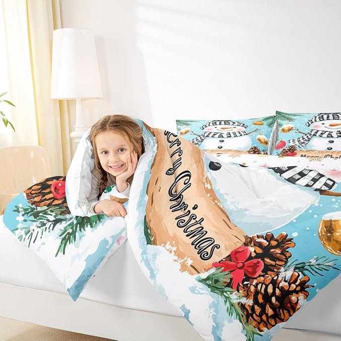 Feelyou Merry Christmas Comforter Set Toddler Size Cute Snowman Bedding Set for Kids Boys Girls Snowflake Duvet Quilt Winter Bedroom Decor Microfiber 2 Pcs with 1 Pillow Cases