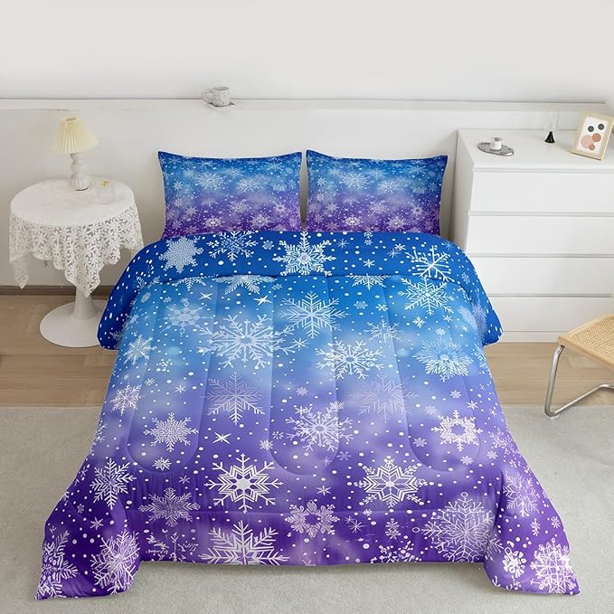 Feelyou Christmas Bedding Set Soft for Boys Girls, Winter Snowflake Comforter Set Full Size Purple Blue Gradient Duvet Quilt Microfiber Bedroom Decor 3 Pcs with 2 Pillow Cases