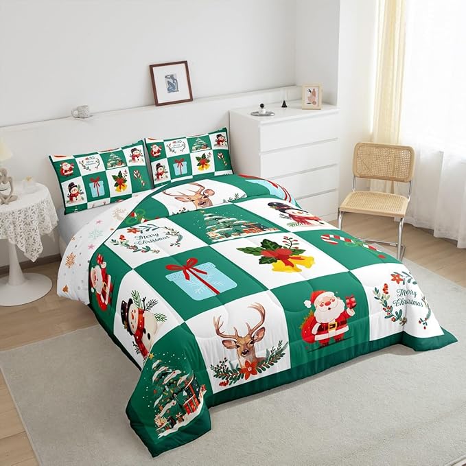 Erosebridal Merry Christmas Quilt Queen Size for Kids Teens Santa Claus Xmas Tree Bedding Set Cartoon Deer Snowman Comforter Set with 2 Pillow Cases