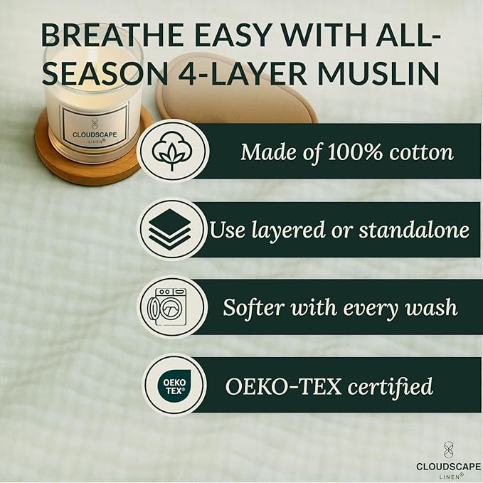 Cloud Scape Linen Extra Large 4 Layer Muslin Throw Blanket - 100% Cotton Gauze, Lightweight & Breathable All Season, Pre-Washed, for Couch & Bed, 50x70, Seafoam Green