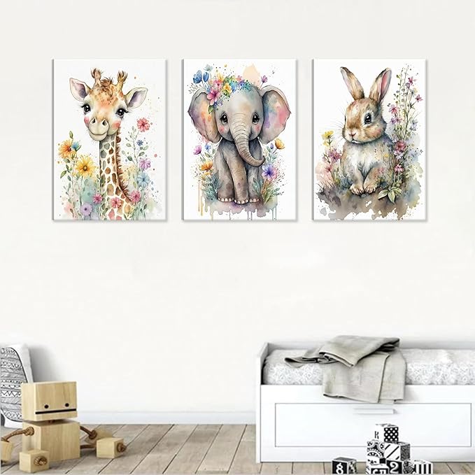 3Pcs Safari Animal Nursery Canvas Wall Art Watercolor Baby Animals with Wildflowers Picture Posters Wall Decor Cute Giraffe Elephant Rabbit Painting Print Artwork for Kids Children Room Decor 16x24in