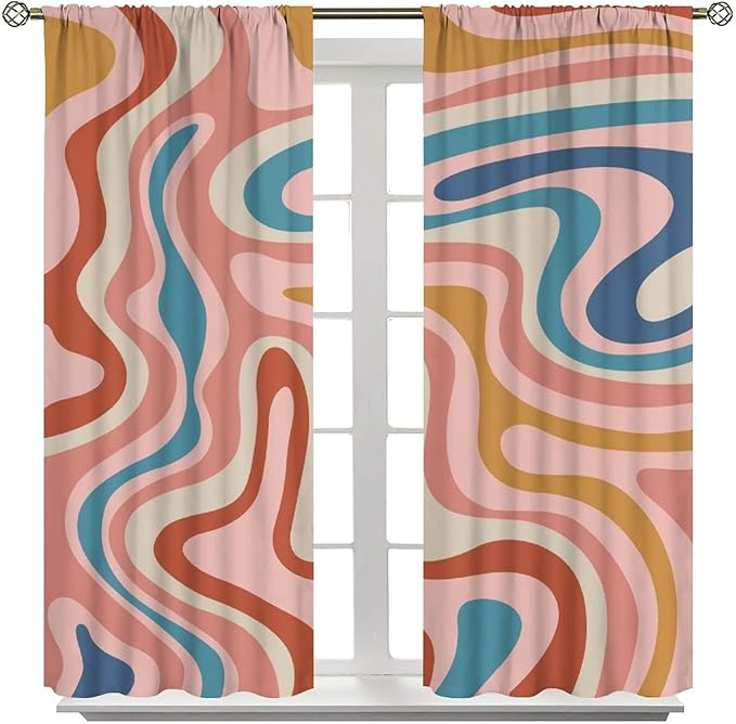 70S Abstract Wavy Swirl Curtain for Bedroom Windows,Retro Boho Minimal Teen Girls Kids Living Room Restroom Window Treatments Drapes 42" W X 54" L