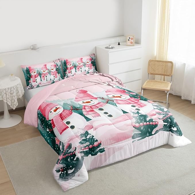 Feelyou Pink Christmas Kids Comforter Set Full Size Merry Christmas Tree and Snowman Bedding Set Cute Snowman Duvet Quilt for Kids Boys Girls Bedroom Xmas Snowflake Decor Kawaii Ultra Soft Breathable