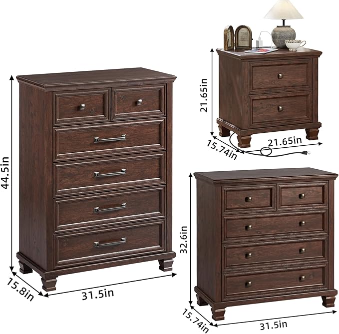 Farmhouse Bedroom Dresser and Nightstand Set of 4, 6 Drawer Tall & 5 Drawers Dresser & 2 Drawer Nightstand Set, Rustic Wood Furniture Set for Bedroom, Hallway, Walnut