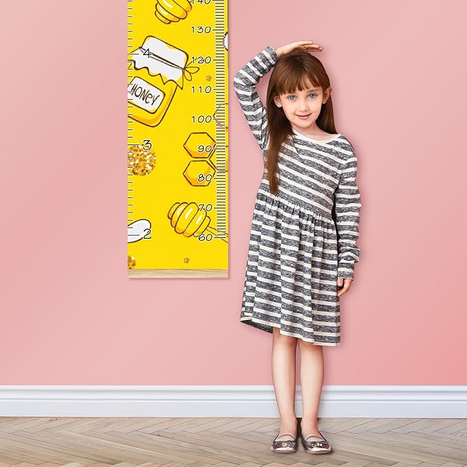 Personalized Kids Name Growth Chart Ruler for Wall Wood Frame Height Measure Chart 13.4x56 in Linen Hanging Height Growth Chart Yellow Cute Bees Pattern Kids Room Decor