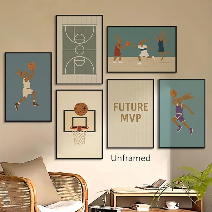 Basketball Canvas Wall Art, Nursery Animal Sports Posters, Bunny Rabbit Athletes Pictures, Positive Quote Print, Kids Bedroom Basketball Court & Hoop Decor 16x24in Wrapped Canvas