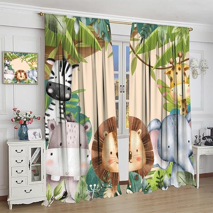 Jungle Animals Curtains Colorful Forest Cartoon Wildlife Lion Giraffe Elephant for Kids Boys Girls Nursery Bedroom Living Room Blackout Rod Pocket Decoration Window Drapes 2 Panels W27.5xL63in