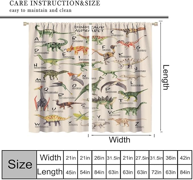 Dinosaur Curtains Cartoon Dino ABC Alphabet Pattern Educational Learning Theme Curtain with Rod Pocket for Kids Nursery Playroom Bedroom Drapes Window Treatments 2 Panels Set 55" W X 63" L