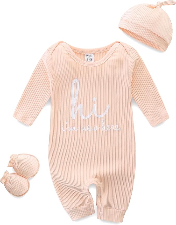 Baby Romper with Baby Mittens & Newborn Hats Footless Long Sleeve Solid Onesie Hi Im New Here
