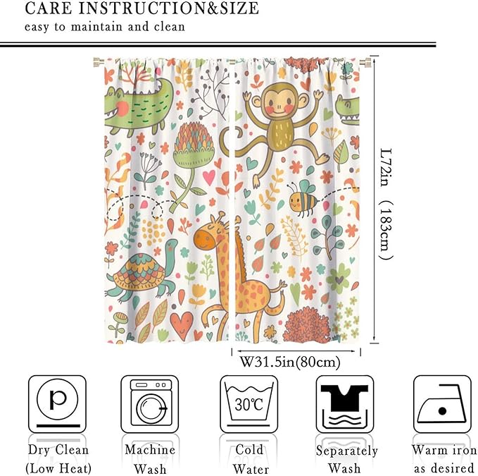 Cute Monkeys Curtains, Zoo Theme Cartoon Funny Animals Crocodile Giraffe Turtle with Flowers Print Thermal Insulation Window Drapes for Kids Boys Girls Baby Bedroom Living Room 63x72in