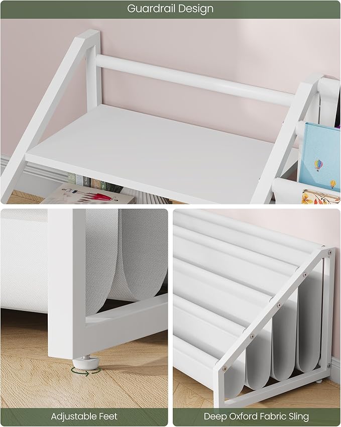 Kids Bookshelf, Book Shelf for Kids Rooms, Toddler Bookshelf with 2 Open Shelves and 4-Tier Sling Rack, for Kid Room, Nursery, Bedroom, Playroom, White TCW16WB