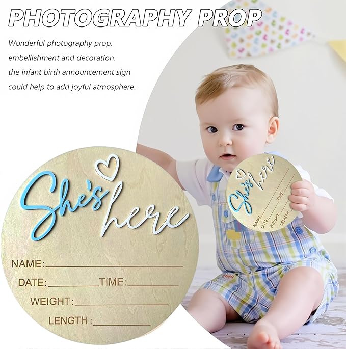 Baby Announcement Sign, 5.9 Inch Wooden Hello World Newborn Signs, Birth Announcement Sign, Gender Reveal Signs, She's here Decoration, Welcome Newborn Arrival To World, Hospital Nursery for Baby