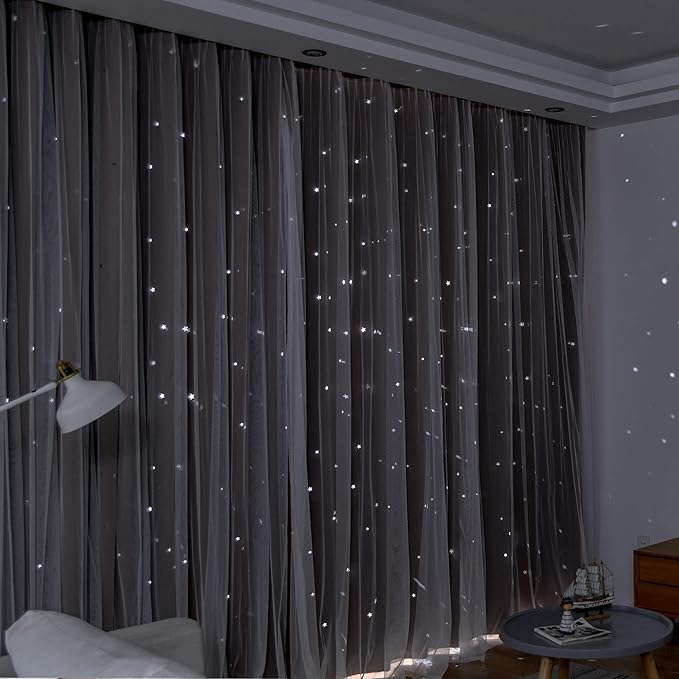 Kinryb Kids Blackout Curtains for Bedroom/Living Room/Classroom, Sheer Overlay 2 Free Tiebacks, Double Layer Curtains with Star Cutout for Kids Room(Each Piece W 70 x L 84 Inches 2 Pcs Chocolate)