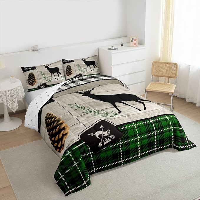 Deer Silhouette Kids Comforter Set King Size,Old Plank Leaves Bedding,Girls Boys Adults Bedroom/Xmas Cabin Decor,Geometric Grid Plaid Retro Down Comforter,Rustic Farmhouse Duvet Insert,2 Pillowcases
