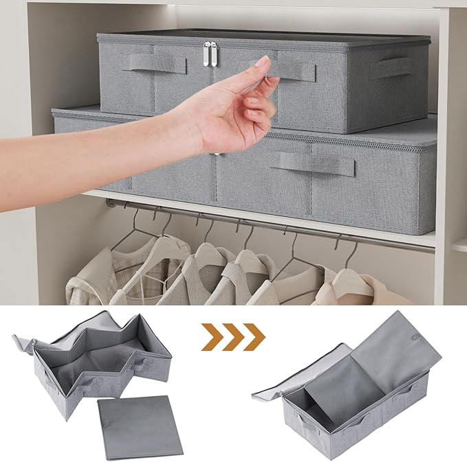 Underbed Storage Bin, Foldable Under Bed Flat Baskets Organizer, Container boxes with Lid for Organizing Clothes, Sheets, Blankets, Comforter, 31.4x15.7x5.9in, Grey, 2 Pack