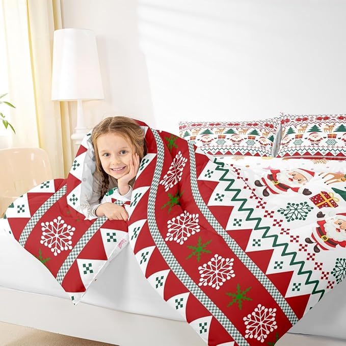 Feelyou Merry Christmas Comforter Set King Size Santa Claus Bedding Set for Kids Boys Girls Cute Deer Duvet Quilt Snowflake Bedroom Decor Microfiber 3 Pcs with 2 Pillow Cases