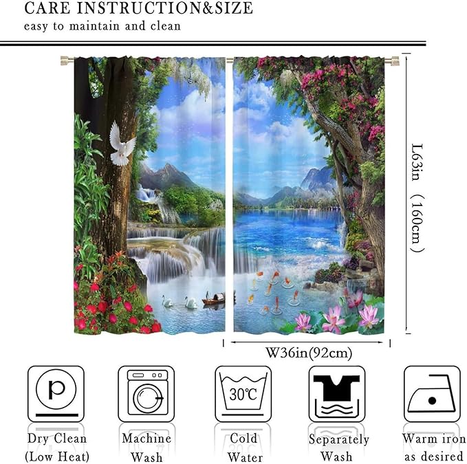 Spring Jungle Waterfall Blackout Window Curtains, Tropical Rainforest Floral Tree Waterfall Landscape Print Window Drapes, for Living Room Bedroom 72x63in 2 Panels