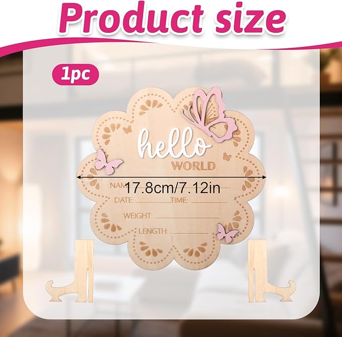 Wooden Baby Announcement Sign, Butterfly Design, Hello World Newborn Welcome Plaque for Photo Props, Baby Shower, Hospital, Nursery Decor