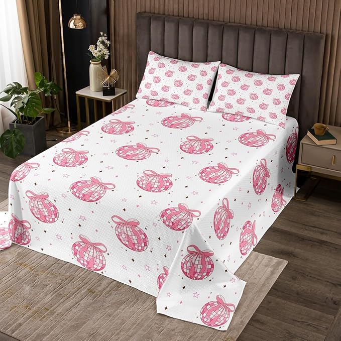 Bow Tie Princess Bedspread Twin Size,Western Cowgirl Disco Crystal Ball Dreamy Coverlet Set,Girls Women Room Decor,Star Bowknot Patchwork Romantic Quilted Coverlet,Pink Bedding Quilt,1 Pillowcase