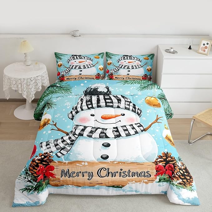 Feelyou Merry Christmas Comforter Set King Size Cute Snowman Bedding Set for Kids Boys Girls Snowflake Duvet Quilt Winter Bedroom Decor Microfiber 3 Pcs with 2 Pillow Cases