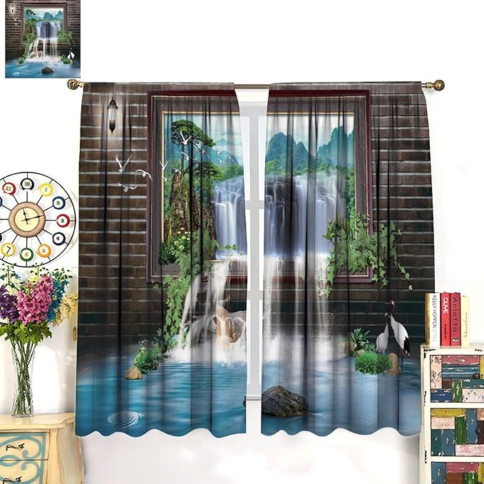 Waterfall Blackout Window Curtains, Tropical Rainforest Jungle Plants Forest Wild Nature Landscape Window Drapes, for Living Room Bedroom 42x63in 2 Panels