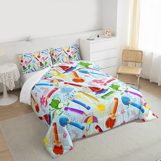 Feelyou Kids Cartoon Pencil Comforter Set King Size, Colorful Nursery Bedding Set Cute Crayon Comforter for Kids Boys Girls Funny Art Printed Duvet Set Durable Bed Set 3Pcs