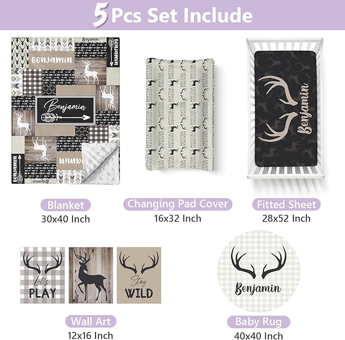 Personalized Baby Crib Bedding Set, 5 Pcs Custom Name Nursery Bedding Set for Girls Boys, Woodland Deer Baby Crib Set for Toddlers Infants, Double Layer Bedding Crib Sets Customized Gifts