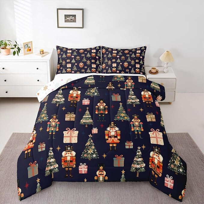 jejeloiu Xmas Nutcracker Comforter Set Full Size Christmas Dark Blue Bedding Set for Kids Boys Girls Cute Snowflakes Duvet Quilt Bedroom Decor