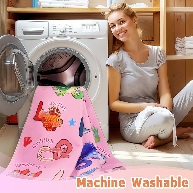 Kids Rug for Playroom, 8x10 Ft Educational Rug for Learn The ABC Alphabet, Soft Machine Washable Non-Slip Cute Marine Organisms Carpet for Classroom Toddler Nursery Kids Room Decor Mat, Pink
